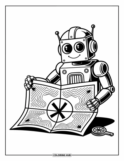 Dibujo de robots para colorear para niños: Un robot amistoso sostiene un mapa del tesoro marcado con una 