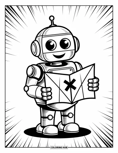 Dibujo de robots para colorear para niños: Un robot amistoso sostiene un mapa del tesoro marcado con una 