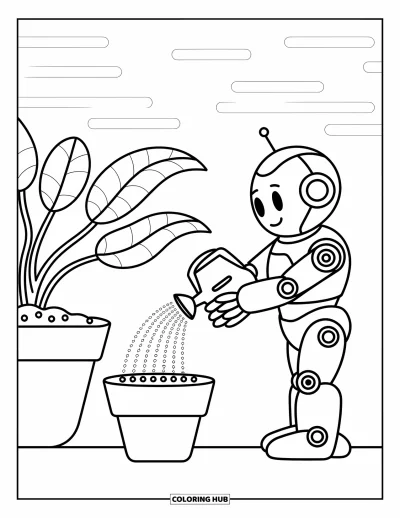Dibujo de robots para colorear para niños: Un robot amistoso riega una planta en maceta con patrones juguetones de fondo