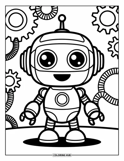 Dibujo de robots para colorear para niños: Un robot amistoso con orejas de engranaje sonríe bajo patrones en espiral