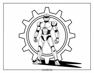 Dibujo de robots para colorear para niños: Un robot futurista posa con orgullo dentro de un gran engranaje con patrones mecánicos nítidos