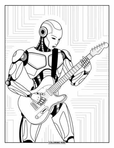 Dibujo de robots para colorear para niños: Un robot futurista toca una guitarra eléctrica rodeado de sutiles diseños modernos