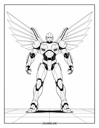 Dibujo de robots para colorear para niños: Un robot futurista con alas de propulsión posa con confianza, listo para lanzarse