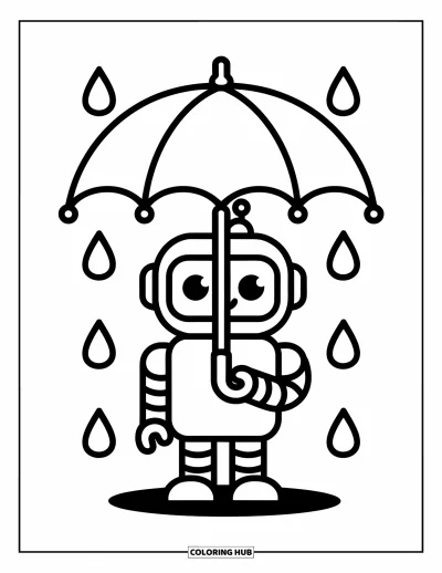 Dibujo de robots para colorear para niños: Un robot pequeño y feliz está bajo un paraguas con gotas de lluvia alrededor