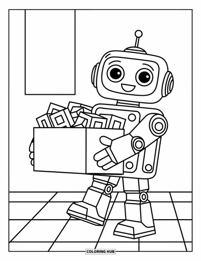 Dibujo de robots para colorear para niños: Un robot feliz lleva una caja de juguetes llena de bloques de construcción