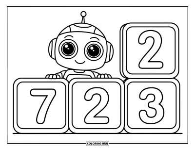 Dibujo de robots para colorear para niños: Un robot feliz se esconde detrás de bloques grandes con números