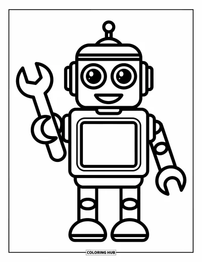 Dibujo de robots para colorear para niños: Un robot feliz que sostiene una llave de juguete está de pie con una gran sonrisa