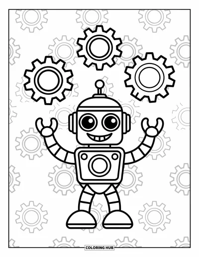 Dibujo de robots para colorear para niños: Un robot feliz hace malabares con engranajes, con ojos grandes y sonrisa alegre