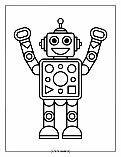Dibujo de robots para colorear para niños: Un robot feliz hecho de formas levanta ambos brazos con alegría