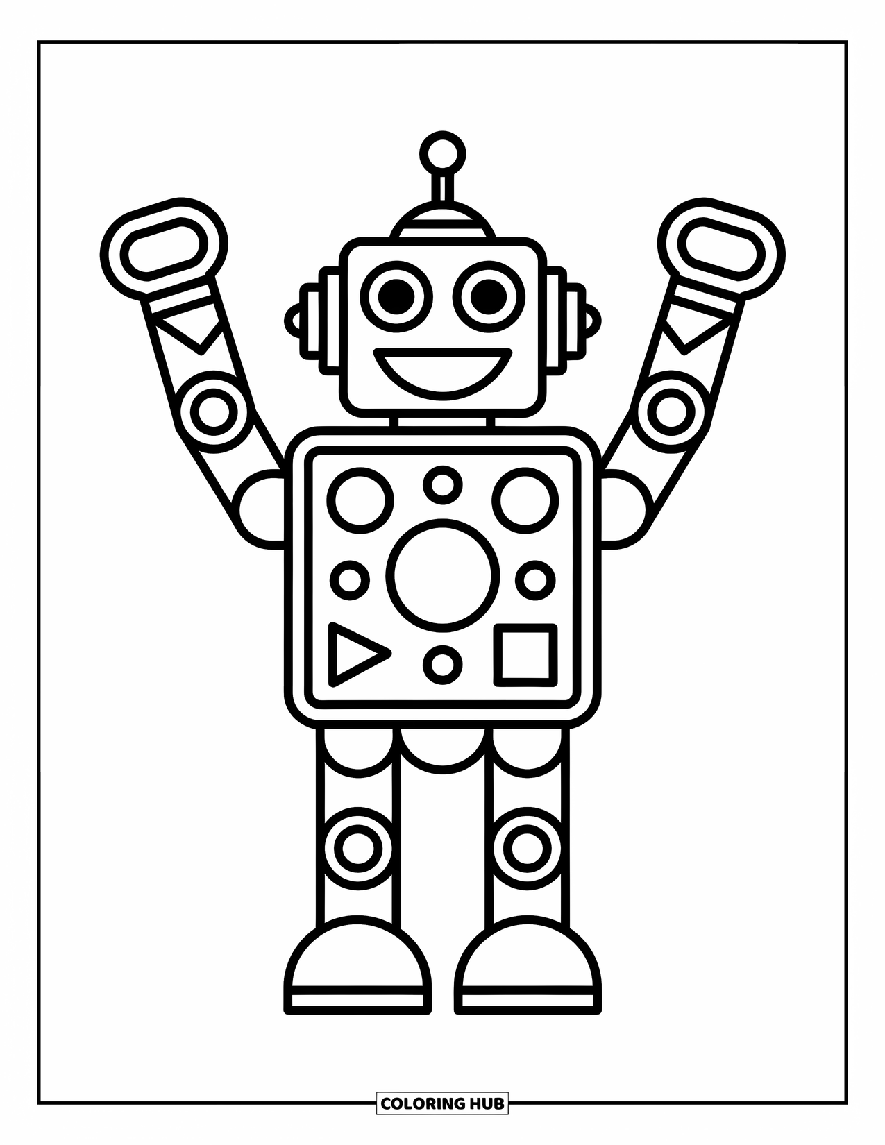 Kolorowanka z robotem dla dzieci: Szczęśliwy robot zbudowany z kształtów podnosi obie ręce z radością