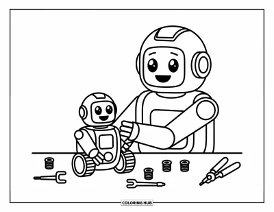 Dibujo de robots para colorear para niños: Un robot feliz usa pinzas y tornillos para construir un robot más pequeño en el suelo