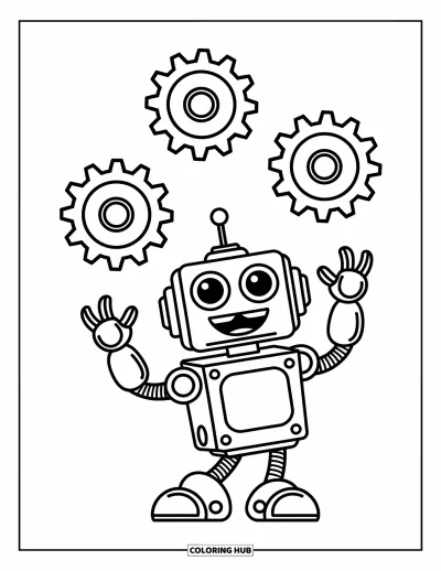 Dibujo de robots para colorear para niños: Un robot alegre hace malabares con engranajes giratorios y diseños de ruedas dentadas detallados