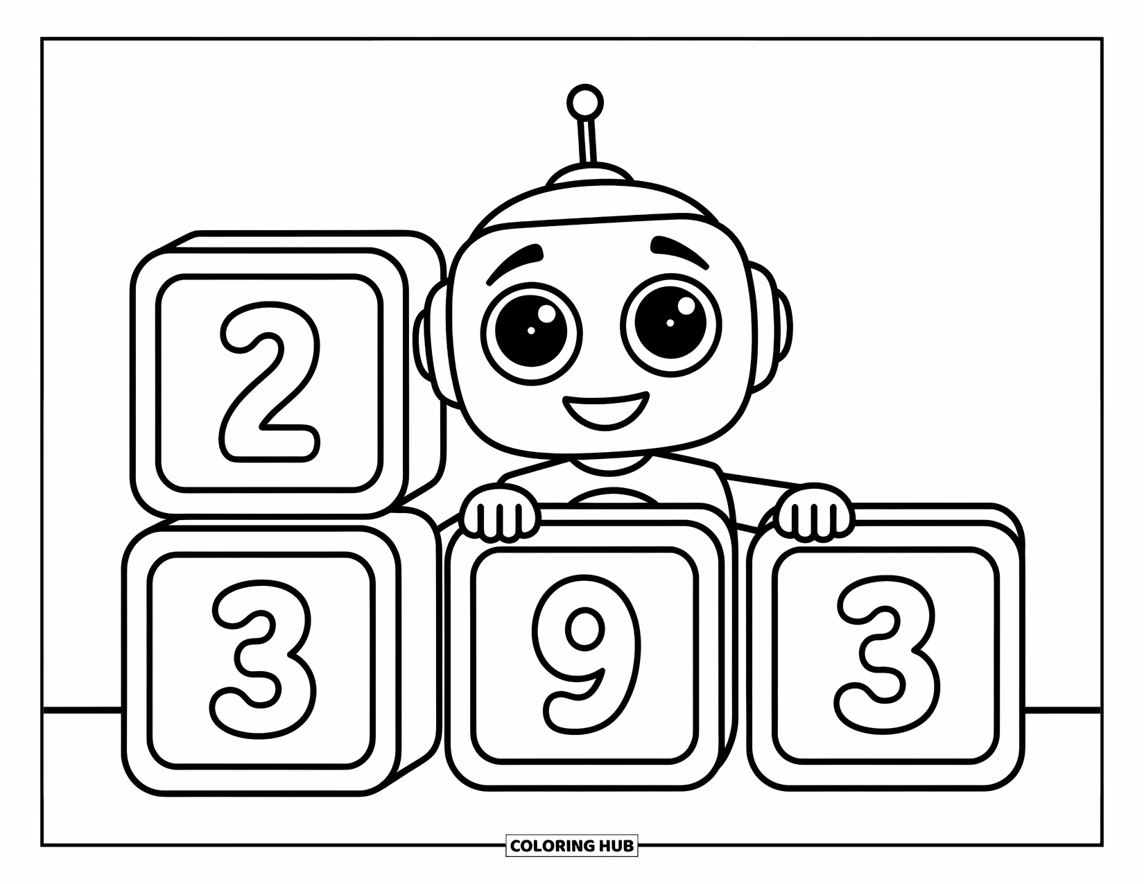 Kolorowanka z robotem dla dzieci: Mały robot wygląda zza dużych klocków z numerami
