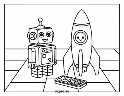 Dibujo de robots para colorear para niños: Un robot cubo juguetón sonríe junto a un cohete de juguete
