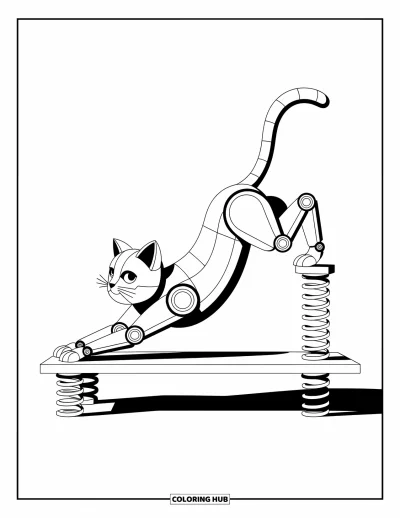 Dibujo de robots para colorear para niños: Un gato robot juguetón se estira con pequeños resortes sobre una plataforma