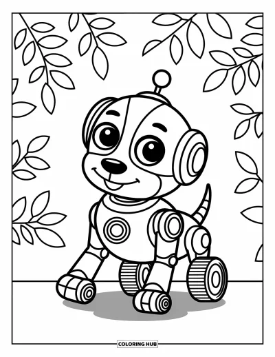 Dibujo de robots para colorear para niños: Un perro robot juguetón con ruedas y una nariz de botón amistosa