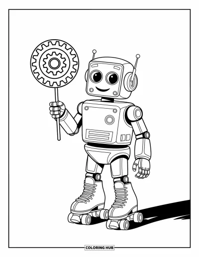 Dibujo de robots para colorear para niños: Un robot juguetón en patines sostiene una paleta en forma de engranaje con detalles divertidos alrededor