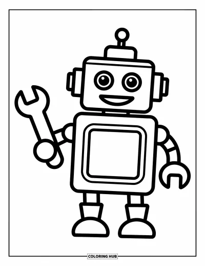 Dibujo de robots para colorear para niños: Un robot juguetón con una llave sonríe y posa con orgullo