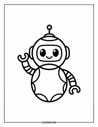 Dibujo de robots para colorear para niños: Un robot juguetón de ojos grandes y patas cortas está de pie felizmente
