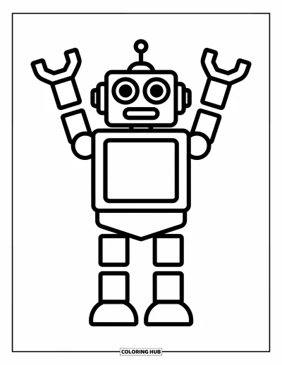 Dibujo de robots para colorear para niños: Un robot juguetón con círculos y cuadrados levanta los brazos en alto