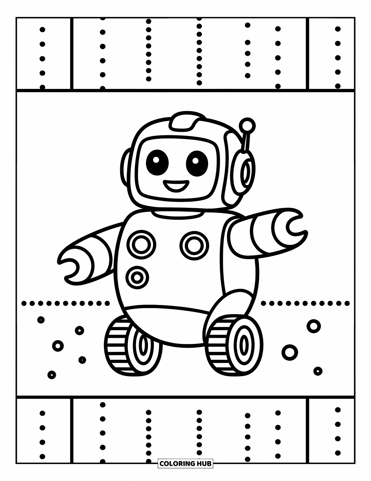 Kolorowanka z robotem dla dzieci: Figlarny robot z małymi kółkami stoi z radosnym uśmiechem