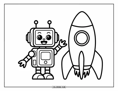 Dibujo de robots para colorear para niños: Un robot y un cohete de juguete están uno al lado del otro con caras felices
