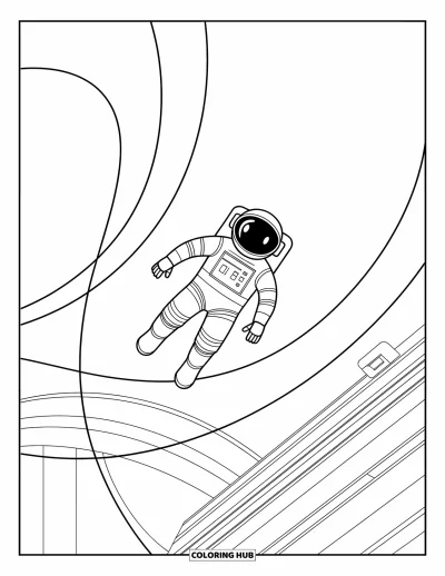 Dibujo de robots para colorear para niños: Un robot astronauta se desplaza con suavidad junto a una estación espacial con cables de seguridad