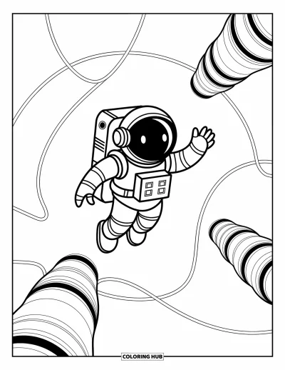 Dibujo de robots para colorear para niños: Un robot astronauta flota cerca de una estación espacial futurista con cables detallados