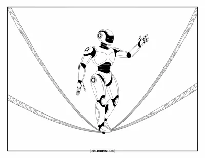 Dibujo de robots para colorear para niños: Un robot se equilibra sobre un cable con articulaciones mecánicas y sensores visibles