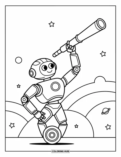 Dibujo de robots para colorear para niños: Un robot se equilibra sobre una rueda, elevando un largo brazo telescópico