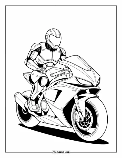 Dibujo de robots para colorear para niños: Un robot motociclista se sienta con confianza en una hoverbike estilizada con líneas dinámicas