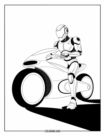 Dibujo de robots para colorear para niños: Un robot motociclista se sienta en una hoverbike elegante con diseños aerodinámicos