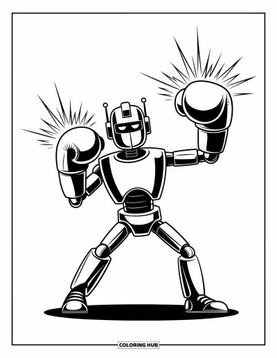 Dibujo de robots para colorear para niños: Un robot boxeador ataca con puños cerrados y chispas que salen de sus guantes