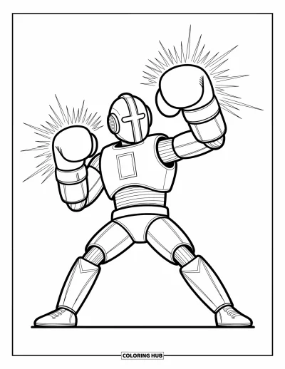 Dibujo de robots para colorear para niños: Un robot boxeador lanza un golpe potente con chispas volando de sus guantes