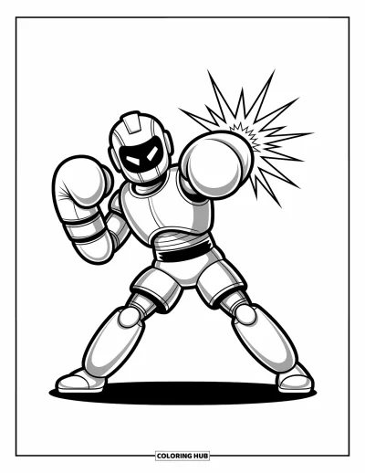 Dibujo de robots para colorear para niños: Un robot boxeador lanza un golpe con chispas volando de sus guantes