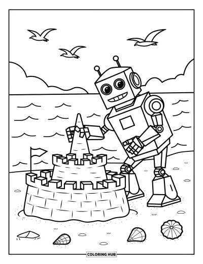 Dibujo de robots para colorear para niños: Un robot construye un castillo de arena cerca de olas ondulantes y gaviotas volando