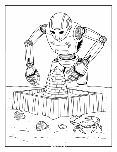 Dibujo de robots para colorear para niños: Un robot construye un castillo de arena en la playa con conchas y un cangrejo cerca