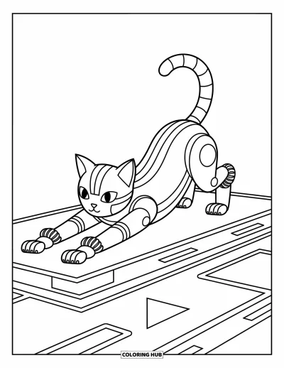 Dibujo de robots para colorear para niños: Un gato robot se estira sobre una plataforma con formas geométricas y resortes juguetones