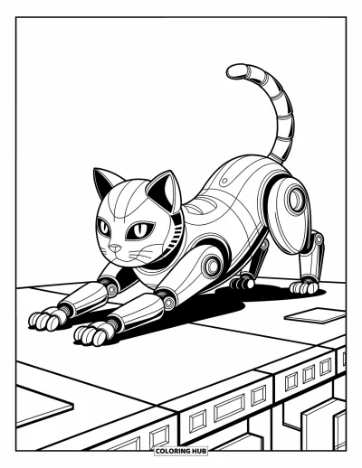 Dibujo de robots para colorear para niños: Un gato robot se estira con articulaciones detalladas y patrones juguetones en la plataforma