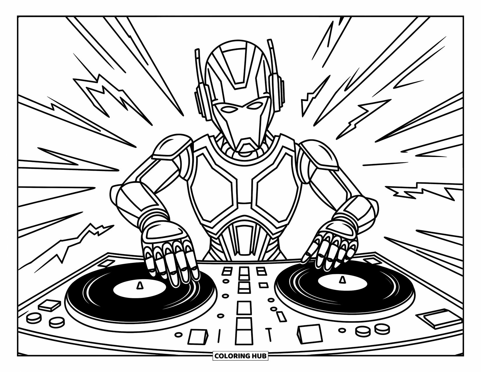 Kolorowanka z robotem dla dzieci: Robot DJ kręci płytami z liniami energii wirującymi wokół gramofonów