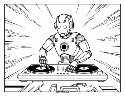 Dibujo de robots para colorear para niños: Un robot DJ de rostro brillante mezcla discos rodeado de ondas de energía dinámicas