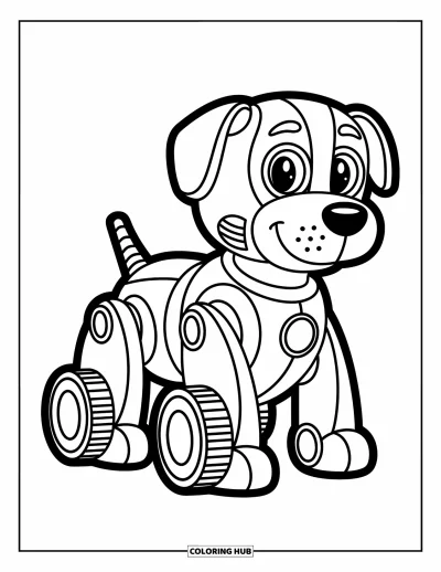 Dibujo de robots para colorear para niños: Un perro robot con ruedas y una gran nariz de botón posa de forma juguetona