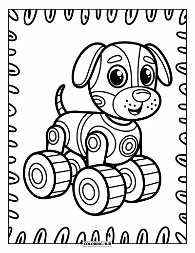 Dibujo de robots para colorear para niños: Un perro robot con ruedas en lugar de patas y una gran nariz de botón