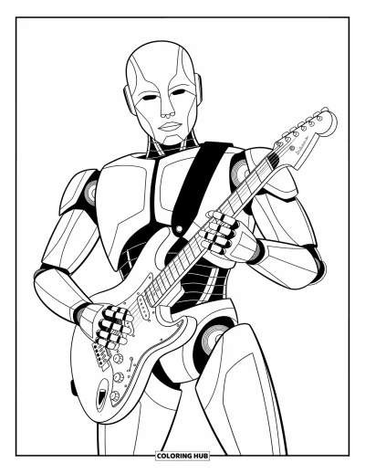Dibujo de robots para colorear para niños: Un robot sujeta una guitarra eléctrica, con los dedos listos sobre las cuerdas con gran detalle