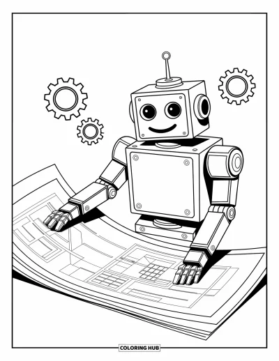 Dibujo de robots para colorear para niños: Un robot sostiene un plano con engranajes simples girando detrás
