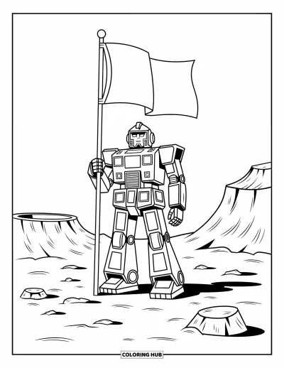 Dibujo de robots para colorear para niños: Un robot sostiene una bandera en un planeta rocoso con piedras y rocas dispersas alrededor