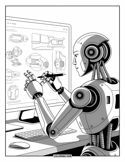 Dibujo de robots para colorear para niños: Un robot inventor dibuja aparatos futuristas en una pantalla de planos digitales