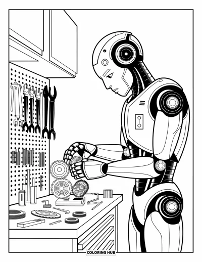 Dibujo de robots para colorear para niños: Un robot mecánico ajusta engranajes en un banco de trabajo desordenado con herramientas colgadas cerca