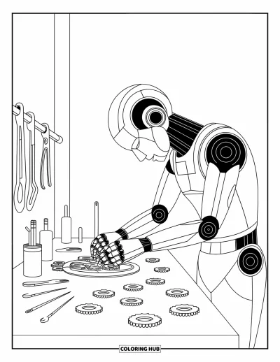 Dibujo de robots para colorear para niños: Un robot mecánico ajusta engranajes rodeado de herramientas sobre un banco de trabajo ocupado