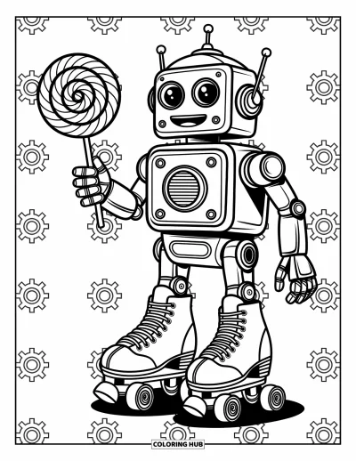 Dibujo de robots para colorear para niños: Un robot en patines sostiene una paleta en forma de engranaje con engranajes al fondo